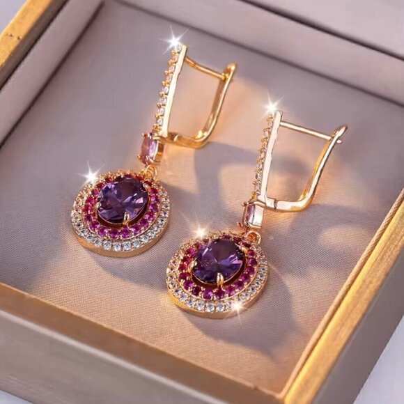 NWT Vintage Style Crystal Huggie Drop Earrings 14K Gold Plated Pink Purple - Picture 4 of 10